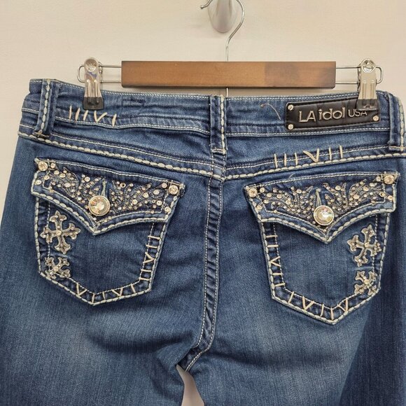Vintage Y2K‎ L.A. Idol Dark Wash Mid Rise Bedazzled Bootcut Denim Jeans Size 13 - Picture 7 of 15